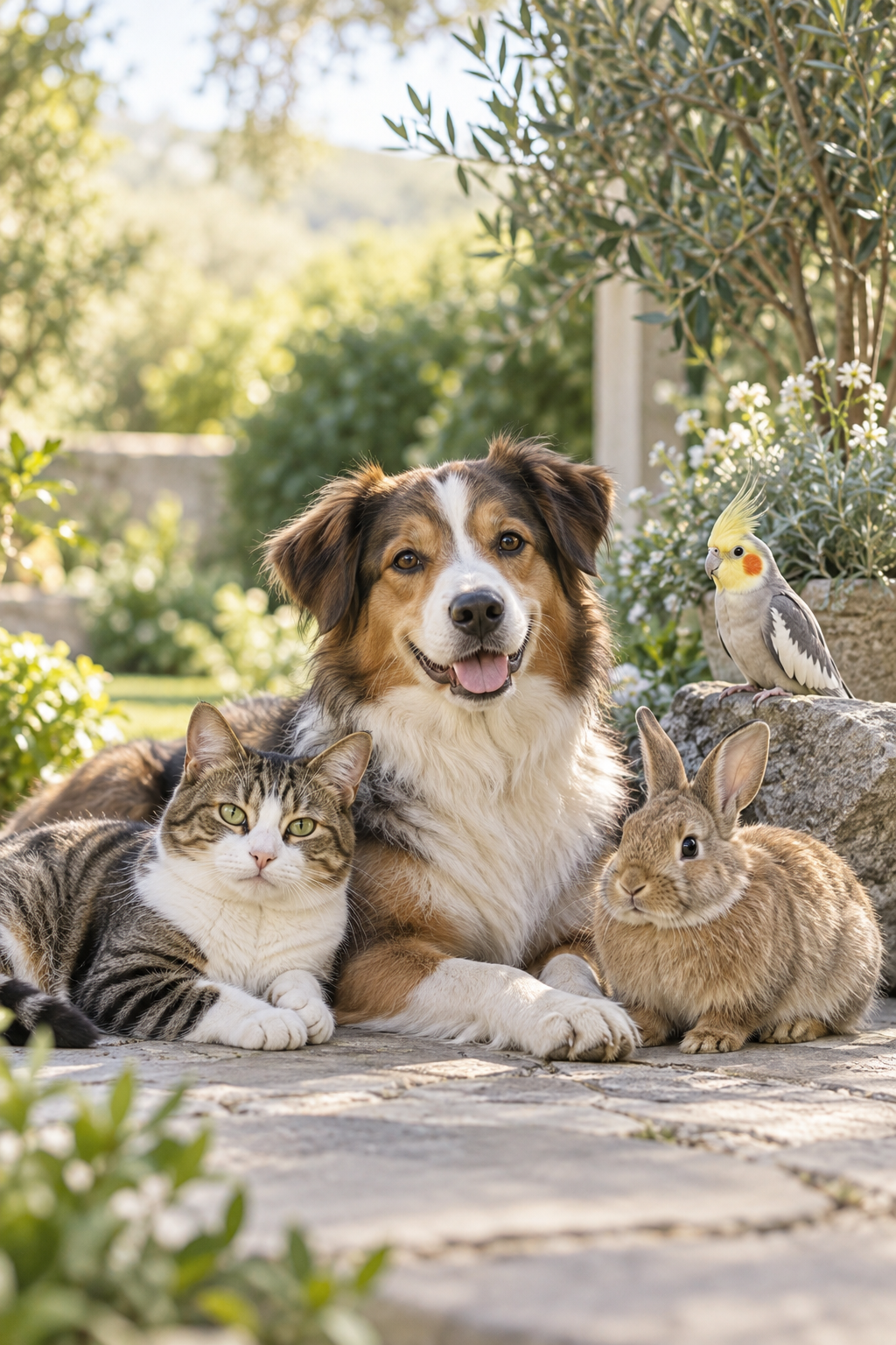 A dog, cat, rabbit and cockatiel together in a garden